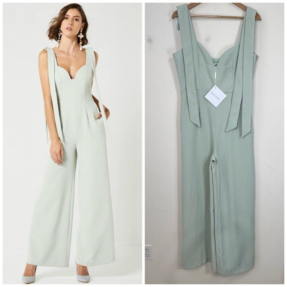 NWT ELLIATT Ellen Wide Leg Jumpsuit Size L Mint Pockets Sweetheart Neck
